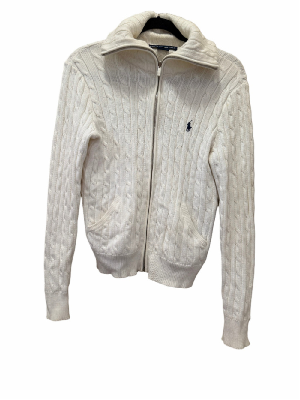 Ralph Lauren Golf Women's M White Cable Knit Full Zip Cotton Cardigan